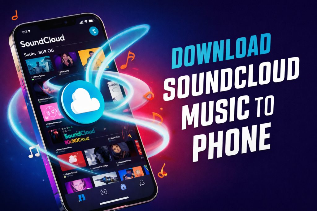 Smartphone showing SoundCloud app with text download SoundCloud music to phone