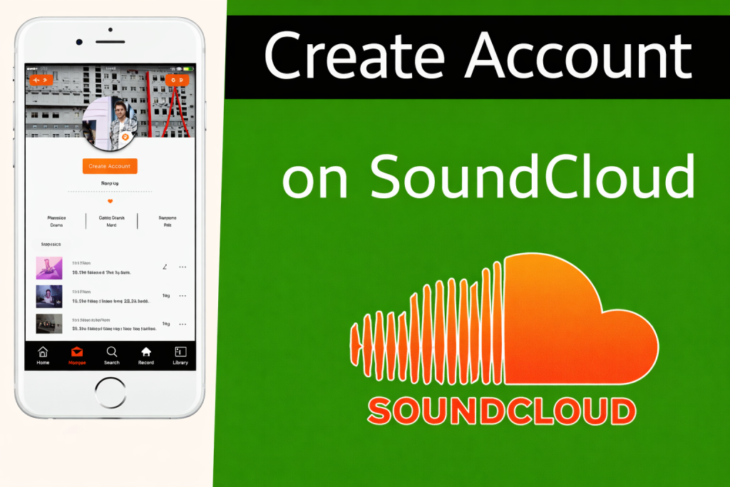 iPhone screen with SoundCloud app and text create account on SoundCloud