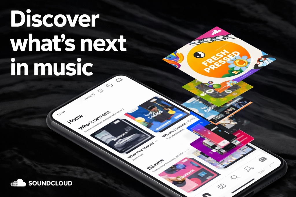 SoundCloud app on smartphone with floating album covers