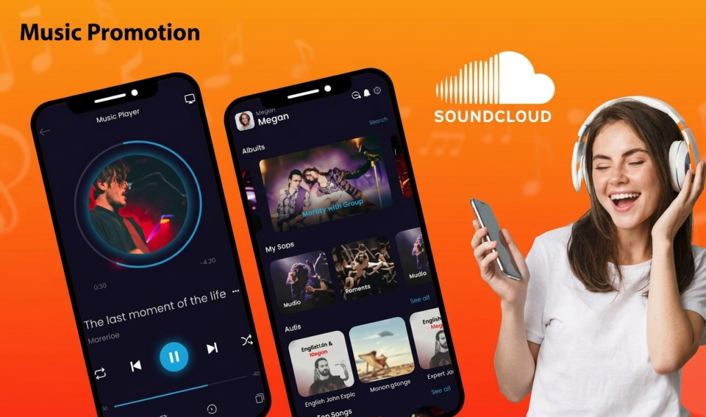 Woman with headphones and SoundCloud logo on orange background